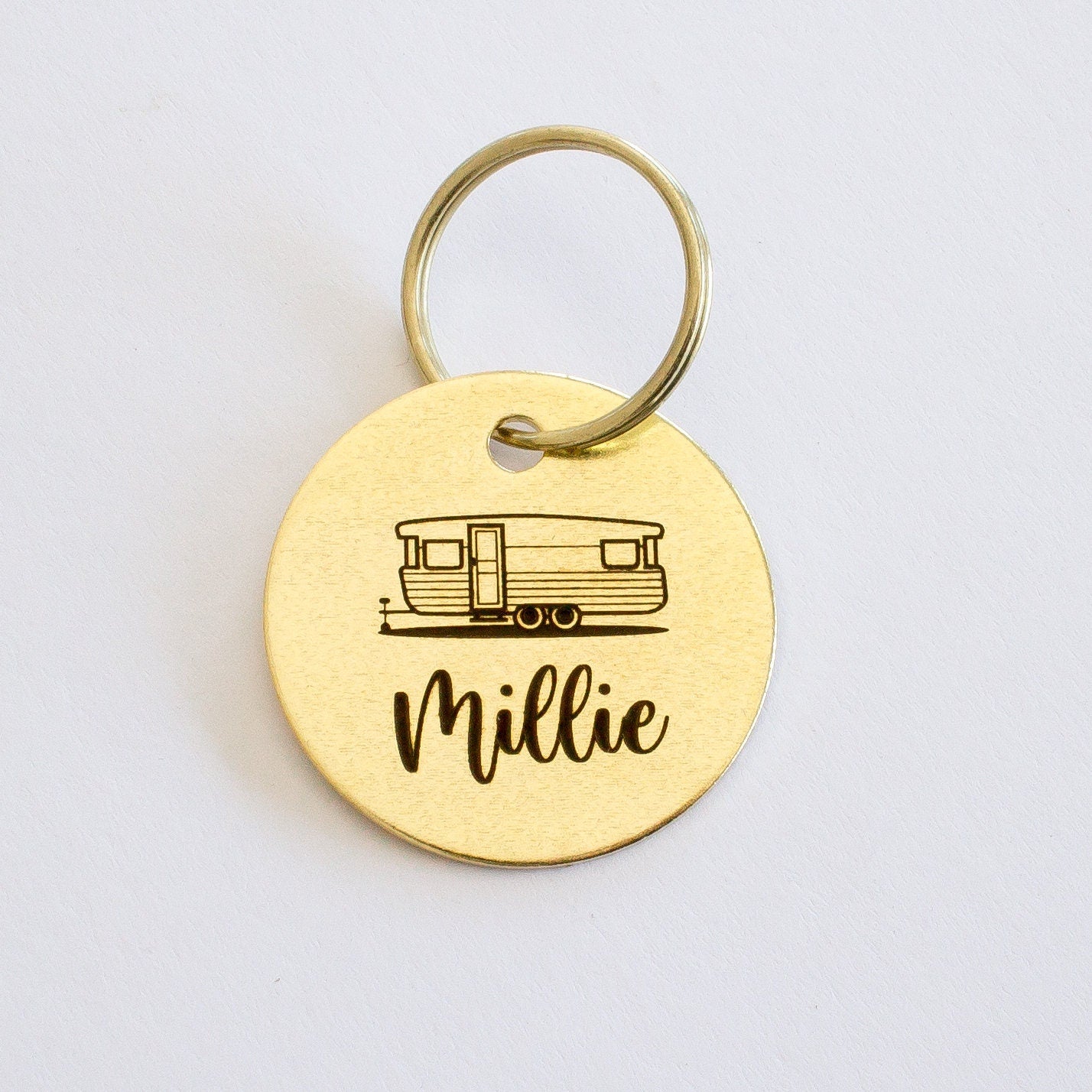 Personalized Vintage Caravan Double Axel Trailer Key Ring - Gold