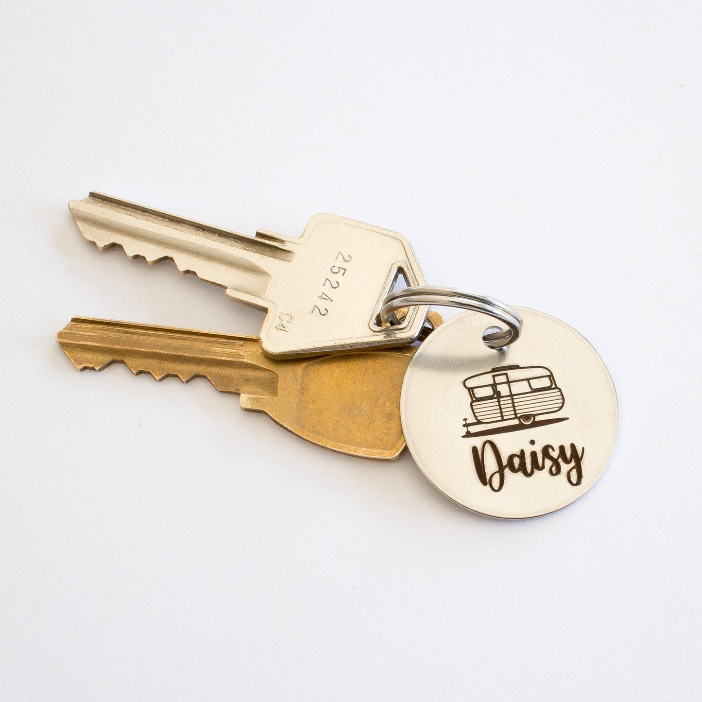 Personalized Vintage Caravan Trailer Key Ring - Silver