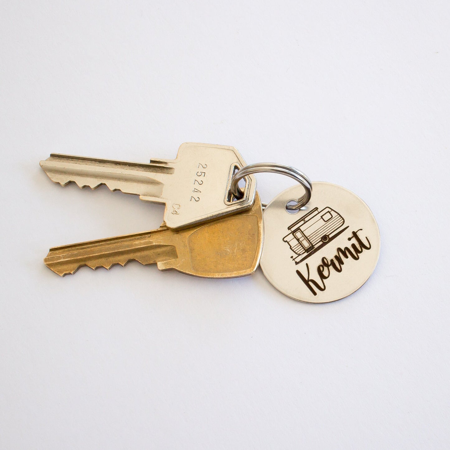 Personalized Vintage Caravan Pop Top Trailer Key Ring - Silver