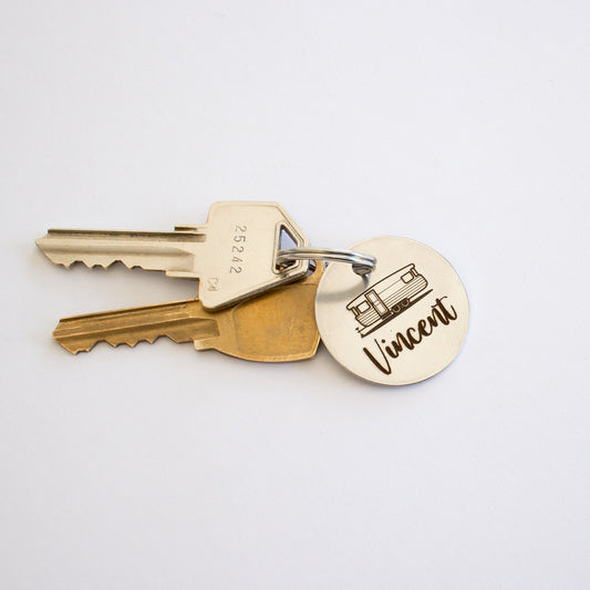 Personalized Vintage Caravan Double Axel Trailer Key Ring - Silver