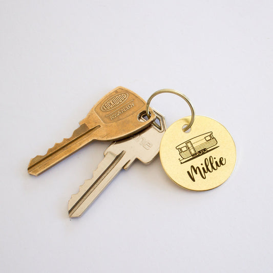 Personalized Vintage Caravan Double Axel Trailer Key Ring - Gold