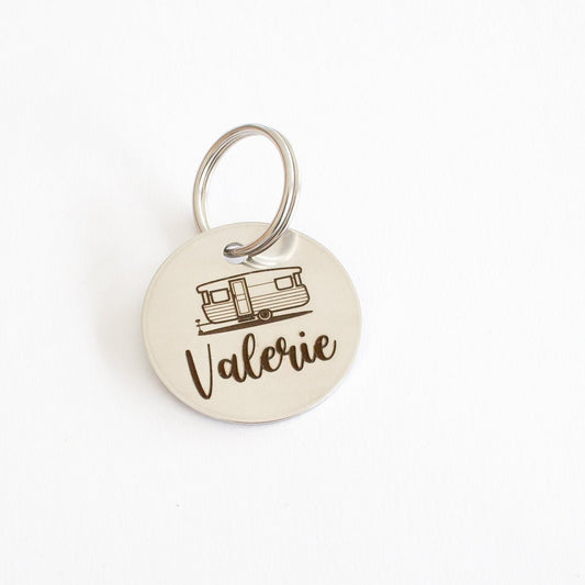 Personalized Vintage Caravan Corner Windows Trailer Key Ring - Silver