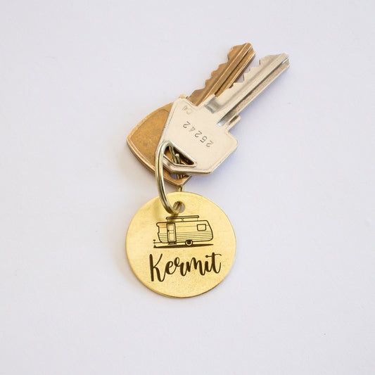 Personalized Vintage Caravan Pop Top Trailer Key Ring - Gold