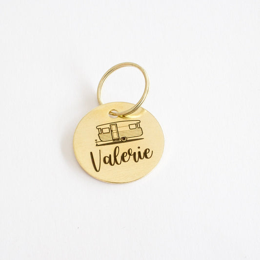 Personalized Vintage Caravan Corner Windows Trailer Key Ring - Gold